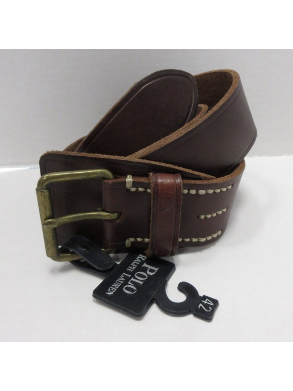 Polo Ralph Lauren Belt 42 Leather Brass Buckle Classic Rugged Casual